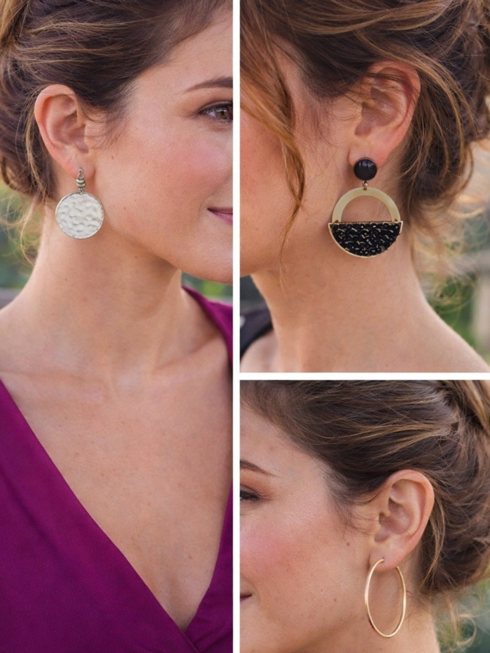 Gold Earrings 3 Pairs Hoops Drop Black Blue Accents